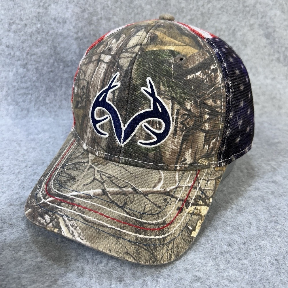 Realtree Antler Logo Men Camo Realtree Trucker Hat American Flag Mesh OSFM
